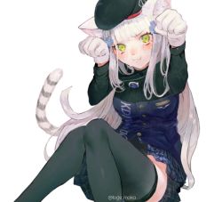 Rule 34 | 1girl, :3, :i, animal ears, beret, black hat, black thighhighs, blush, breasts, cat ears, cat girl, cat tail, clothes writing, commentary, convenient leg, embarrassed, feet out of frame, girls&#039; frontline, gloves, green eyes, hair ornament, hat, hk416 (girls&#039; frontline), knees together feet apart, knees up, long hair, long sleeves, looking at viewer, miniskirt, mochacot, no panties, paw pose, plaid, plaid skirt, pleated skirt, sitting, skirt, solo, symbol-only commentary, tail, tears, thighhighs, very long hair, white background, white gloves, white hair