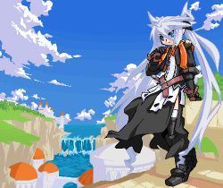Rule 34 | 1girl, arm guards, belt, black footwear, black gloves, black jacket, blue eyes, blue sky, boots, bow, bowtie, building, castle, cloud, day, full body, gloves, hair between eyes, jacket, leg up, long hair, lowres, masaki, mof, mof&#039;s silver haired twintailed girl, oekaki, open clothes, open jacket, original, outdoors, red bow, red bowtie, river, silver hair, sky, solo, standing, thigh boots, thighhighs, tsurime, twintails, very long hair, water, waterfall