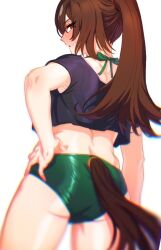 Rule 34 | 1girl, alternate costume, alternate hairstyle, ass, bikini, blush, brown hair, commentary request, cowboy shot, cropped shirt, from behind, green bikini, hair between eyes, hand on own hip, long hair, multicolored hair, omotil, ponytail, red eyes, simple background, sirius symboli (umamusume), solo, streaked hair, swimsuit, umamusume, white background, white hair