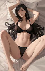 Rule 34 | 1girl, armpits, arms up, bad feet, bed sheet, black bra, black hair, black panties, bra, breasts, cameltoe, earrings, final fantasy, final fantasy vii, foot out of frame, gyunzai, highres, jewelry, large breasts, long hair, lying, m legs, navel, panties, parted lips, pillow, red eyes, single earring, solo, spread legs, stomach, thighs, tifa lockhart, underwear
