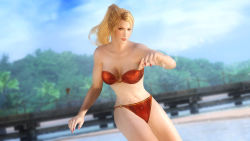 Rule 34 | 3d, beach, bikini, blonde hair, breasts, dead or alive, dead or alive 5, large breasts, midriff, ocean, official art, official wallpaper, ponytail, sarah bryant, swimsuit, tecmo, virtua fighter, wallpaper