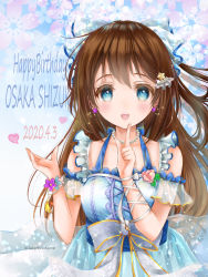 Rule 34 | 1girl, anata no risou no heroine, aqua bow, aqua eyes, arm garter, arm ribbon, artist name, artist request, bare shoulders, blue bow, blue eyes, blush, bow, bracelet, breasts, brown hair, cleavage, collarbone, cross-laced clothes, cross-laced dress, dated, dress, dress bow, drop earrings, earrings, female focus, flower, flower bracelet, frilled dress, frills, hair between eyes, hair bow, hair ornament, hairclip, half updo, halter dress, halterneck, heart, highres, jewelry, long hair, looking at viewer, love live!, love live! nijigasaki high school idol club, love live! school idol festival, medium breasts, miniskirt, nail, nail polish, necklace, osaka shizuku, parted lips, pearl bracelet, pearl hair ornament, pearl necklace, pink flower, pink nails, pink rose, plaid, plaid dress, plaid skirt, pleated, pleated dress, pleated skirt, ponytail, purple flower, purple rose, ribbon, rose, short sleeves, skirt, small breasts, smile, solo, star (symbol), star hair ornament, striped clothes, striped dress, striped skirt, vertical-striped clothes, vertical-striped dress, vertical-striped skirt, white bow, white dress, white ribbon, white skirt, wrist ribbon
