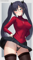 Rule 34 | 1girl, absurdres, artist name, asymmetrical bangs, black hair, black panties, black skirt, black thighhighs, blush, border, breasts, closed mouth, cosplay, covered erect nipples, cowboy shot, cross, fate/grand order, fate (series), furrowed brow, genshin impact, gluteal fold, grey border, groin, hair ribbon, hand on own hip, hands on own hips, highleg, highleg panties, highres, hioyami, latin cross, long hair, long sleeves, looking at viewer, medium breasts, miniskirt, mona (genshin impact), panties, pantyshot, partially visible vulva, patreon username, pleated skirt, red shirt, ribbon, shirt, sidelocks, skirt, solo, sweatdrop, thick thighs, thighhighs, thighs, thong, tohsaka rin, tohsaka rin (cosplay), turtleneck, twintails, underwear, upskirt, wide hips