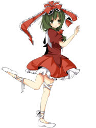 Rule 34 | 1girl, bow, dress, female focus, flats, front ponytail, full body, green eyes, green hair, hair bow, kagiyama hina, leg up, looking at viewer, matching hair/eyes, puffy short sleeves, puffy sleeves, red bow, red dress, shoes, short hair, short sleeves, simple background, solo, standing, standing on one leg, thigh strap, touhou, umi (umi02), white background