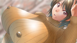 Rule 34 | 1girl, breasts, brown eyes, brown hair, covered erect nipples, dutch angle, highres, huge breasts, impossible clothes, impossible sweater, kunifuto, looking at viewer, nipples, orange shirt, original, ribbed sweater, shirt, short hair, solo, sweater, turtleneck