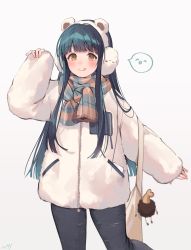 Rule 34 | 1girl, arm at side, blue hair, closed mouth, coat, dark blue hair, earmuffs, feet out of frame, grey background, hand up, highres, idolmaster, idolmaster million live!, idolmaster million live! theater days, kitakami reika, licking lips, long hair, looking at viewer, nys, orange eyes, pants, scarf, sidelocks, simple background, smile, solo, tongue, tongue out, zipper