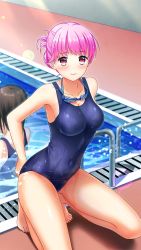 Rule 34 | 1girl, barefoot, blue one-piece swimsuit, blush, breasts, cleavage, closed mouth, collarbone, covered navel, doukyuusei, doukyuusei another world, game cg, kneeling, large breasts, official art, one-piece swimsuit, pink hair, red eyes, sakuragi mai, school swimsuit, short hair, sideboob, smile, solo focus, swimsuit