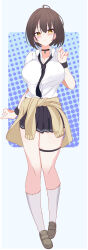 Rule 34 | 1girl, absurdres, ahoge, azur lane, baltimore (after-school ace) (azur lane), baltimore (azur lane), black choker, black necktie, black skirt, blush, braid, breasts, brown hair, cardigan, cardigan around waist, choker, cleavage, clothes around waist, collarbone, collared shirt, commentary request, earrings, french braid, full body, grey footwear, hair between eyes, hair ornament, hairclip, hand up, highres, jewelry, kneehighs, large breasts, loafers, londom (lonhomewell), looking at viewer, loose necktie, miniskirt, necktie, official alternate costume, partial commentary, partially unbuttoned, pleated skirt, school uniform, shirt, shoes, short hair, short sleeves, sidelocks, skindentation, skirt, smile, socks, solo, standing, stud earrings, thigh strap, white shirt, white socks, wristband, yellow eyes