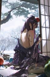 Rule 34 | 1girl, absurdres, back, back focus, bare back, bare shoulders, black gloves, blue eyes, double bun, from behind, gloves, hair bun, hair ornament, highres, hololive, hololive english, japanese clothes, kimono, long hair, ninomae ina&#039;nis, ninomae ina&#039;nis (new year), off shoulder, pointy ears, print kimono, purple hair, purple kimono, sitting, snow, socks, solo, virtual youtuber, white socks, winter, ye jji
