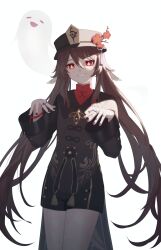 Rule 34 | 1girl, black hat, black shorts, boo tao (genshin impact), bright pupils, brown coat, brown hair, coat, coattails, cowboy shot, flower, flower-shaped pupils, genshin impact, ghost, grin, hair between eyes, hat, hat flower, hat tassel, highres, hu tao (genshin impact), jewelry, long hair, long sleeves, looking at viewer, multiple rings, orange eyes, red nails, ring, shorts, simple background, smile, solo, symbol-shaped pupils, twintails, umeko 208, white background, white pupils
