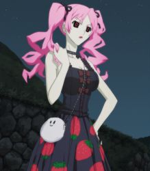 Rule 34 | 1girl, black sclera, breasts, colored sclera, dress, hair ribbon, hand on own hip, highres, long hair, night, night sky, outdoors, pink hair, playing with own hair, ribbon, screencap, shiki (novel), shimizu megumi, sky, solo, stitched, third-party edit, twintails, undead, zombie