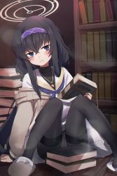 Rule 34 | 1girl, black hair, black pantyhose, blue archive, blue eyes, blue neckerchief, blush, book, book stack, bookshelf, brown cardigan, cardigan, clenched teeth, foot out of frame, hair between eyes, hairband, halo, highres, holding, holding book, knees up, kure (kure ng), long hair, long sleeves, looking at viewer, neckerchief, panties, panties under pantyhose, pantyhose, purple hairband, sailor collar, sitting, slippers, solo, spread legs, teeth, ui (blue archive), underwear, very long hair, white panties, white sailor collar