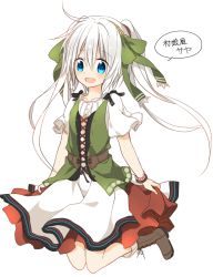 Rule 34 | 1girl, blue eyes, boots, cross-laced footwear, full body, lace-up boots, long hair, looking at viewer, nana kusun, original, ponytail, solo, traditional clothes, white background, white hair