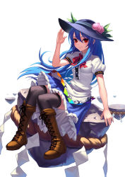Rule 34 | 1girl, black thighhighs, blue hair, blue skirt, boots, breasts, brown footwear, cross-laced footwear, fkey, food, frilled skirt, frills, fruit, hair between eyes, hand up, highres, hinanawi tenshi, keystone, knee boots, lace-up boots, light, long hair, looking at viewer, peach, puffy short sleeves, puffy sleeves, red eyes, rope, shimenawa, shirt, short sleeves, simple background, skirt, small breasts, smile, solo, thighhighs, thighs, touhou, white background, white shirt, wind, zettai ryouiki
