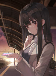 Rule 34 | 1girl, blush, brown eyes, brown hair, closed mouth, collared shirt, evening, grey sweater, highres, holding, holding phone, jacket, kanzi, long hair, long sleeves, md5 mismatch, neck ribbon, original, outdoors, phone, resolution mismatch, ribbon, shirt, sky, solo, source larger, sunset, sweater, train, train station, train station platform, white shirt