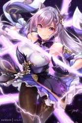 Rule 34 | 1girl, armpits, black pantyhose, blush, breasts, brown pantyhose, cone hair bun, dress, frilled gloves, frilled skirt, frills, genshin impact, gloves, hair bun, keqing (genshin impact), large breasts, long hair, looking at viewer, pantyhose, purple dress, purple eyes, purple gloves, purple hair, rei kun, skirt, smile, solo, thighs, twintails