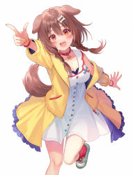 Rule 34 | 1girl, :3, :d, animal ears, arm up, blue footwear, blush, bone hair ornament, braid, breasts, brown hair, cleavage, collarbone, collared shirt, dog ears, dog girl, dog tail, dress, fangs, frilled jacket, frills, fukahire (ruinon), hair ornament, hololive, inugami korone, inugami korone (1st costume), jacket, kneehighs, leg up, long hair, long sleeves, looking at viewer, medium breasts, nail polish, off shoulder, open clothes, open jacket, open mouth, orange eyes, outstretched arms, red socks, shirt, shoes, simple background, smile, sneakers, socks, solo, standing, standing on one leg, tail, teeth, twin braids, upper teeth only, virtual youtuber, white background, white dress, wristband, yellow jacket, yellow nails