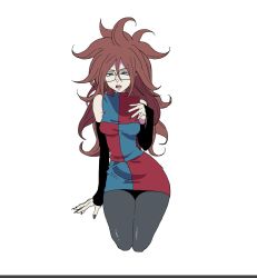 Rule 34 | 1girl, android 21, aqua eyes, black-framed eyewear, black pantyhose, black sleeves, breasts, brown hair, checkered clothes, checkered dress, commentary request, detached sleeves, dragon ball, dragon ball fighterz, dress, earrings, glasses, green nails, highres, hoop earrings, jewelry, kotoyama, long hair, medium breasts, messy hair, nail polish, open mouth, pantyhose, simple background, sleeveless, sleeveless dress, solo, white background