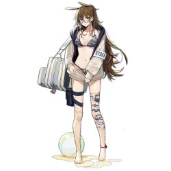 Rule 34 | 1girl, animal ears, anklet, armband, bag, ball, barefoot, beachball, bikini, blue-framed eyewear, blush, breasts, brown eyes, brown hair, camouflage, camouflage bikini, closed mouth, collarbone, full body, girls&#039; frontline, glasses, grey bikini, grey jacket, hair ornament, horse ears, jacket, jewelry, joints, large breasts, long hair, mechanical legs, navel, nin (lion), official alternate costume, official art, pouch, robot joints, semi-rimless eyewear, shoulder bag, sidelocks, solo, stomach, swimsuit, thigh strap, transparent background, type 88 (anti-drowning accessories) (girls&#039; frontline), type 88 (girls&#039; frontline), under-rim eyewear, unzipped, weapon bag