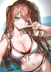 Rule 34 | 1girl, bare arms, bare shoulders, bikini, blush, breasts, brown hair, cleavage, closed mouth, collarbone, commentary request, green eyes, highres, large breasts, long hair, looking at viewer, navel, original, ran&#039;ou (tamago no kimi), side-tie bikini bottom, smile, solo, stomach, swimsuit, v, white bikini