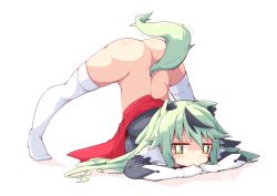 Rule 34 | 1girl, animal ear fluff, animal ears, blush, dress, green eyes, green hair, jack-o&#039; challenge, long hair, looking at viewer, no panties, original, reku, simple background, solo, spread legs, tail, thighhighs, top-down bottom-up, white thighhighs