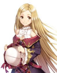 Rule 34 | 10s, 1girl, bare shoulders, blonde hair, breasts, brown eyes, cleavage, cleavage cutout, clothing cutout, diola (granblue fantasy), frills, granblue fantasy, hat, unworn hat, unworn headwear, holding, holding clothes, holding hat, kurage (kurakurapix), long hair, looking to the side, parted bangs, smile, solo, very long hair