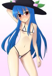 Rule 34 | 1girl, arm behind head, arm up, armpits, bikini, blue hair, blush, breasts, cameltoe, embarrassed, food, fruit, full-face blush, hat, highleg, highleg bikini, highleg swimsuit, hinanawi tenshi, long hair, looking at viewer, micro bikini, navel, open mouth, peach, red eyes, small breasts, solo, swimsuit, tears, teoi (good chaos), touhou, underboob, very long hair