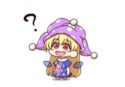 Rule 34 | 1girl, ?, american flag pants, australian flag print, blonde hair, blush stickers, chibi, clownpiece, dress, drooling, fairy wings, full body, hair between eyes, hat, highres, jester cap, long hair, looking away, neck ruff, no shoes, open mouth, pants, pink eyes, polka dot, purple hat, shadow, shitacemayo, short sleeves, simple background, smile, solo, standing, star (symbol), star print, striped clothes, striped pants, touhou, very long hair, white background, wings