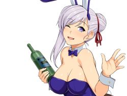 Rule 34 | animal ears, bare shoulders, blue leotard, bottle, breasts, cleavage, detached collar, fake animal ears, fate/grand order, fate (series), hair bun, haruhisky, leotard, medium breasts, miyamoto musashi (fate), one eye closed, open mouth, playboy bunny, purple eyes, purple hair, rabbit ears, single hair bun, strapless, strapless leotard, wine bottle, wink, wrist cuffs