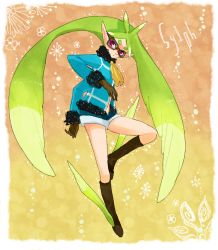 Rule 34 | 1girl, boots, brown background, character name, gloves, goggles, green hair, jacket, long hair, pointy ears, purple eyes, short shorts, shorts, sylph (tales), tales of (series), tales of xillia, twintails