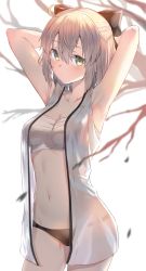 Rule 34 | 1girl, absurdres, ahoge, armpits, arms behind head, arms up, bare arms, bare shoulders, black bow, black panties, blonde hair, blurry, bow, branch, breasts, cleavage, collarbone, commentary request, cowboy shot, fate/grand order, fate (series), groin, hair between eyes, hair bow, half updo, highres, japanese clothes, jun (aousa0328), kimono, looking at viewer, medium breasts, navel, okita souji (fate), okita souji (koha-ace), open clothes, panties, sarashi, short hair, short kimono, sleeveless, sleeveless kimono, solo, standing, stomach, thighs, underwear, yellow eyes