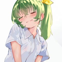 Rule 34 | 1girl, bad link, blush, bow, closed eyes, closed mouth, collared shirt, cookie (touhou), daiyousei, diyusi (cookie), green hair, hair between eyes, hair bow, head tilt, highres, ponytail, shirt, short sleeves, simple background, solo, touhou, upper body, white background, white shirt, yellow bow