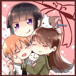 Rule 34 | 10s, 1boy, 2girls, :d, :q, ^ ^, admiral (kancolle), black hair, blunt bangs, brown hair, cheek-to-cheek, closed eyes, hand on another&#039;s head, heads together, kantai collection, kitakami (kancolle), little boy admiral (kancolle), long hair, mochisaka mitsuki, multiple girls, ooi (kancolle), open mouth, pink background, purple eyes, school uniform, serafuku, short hair, simple background, smile, tongue, tongue out, v-shaped eyebrows