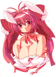 Rule 34 | 1girl, :o, animal ears, bare shoulders, blush, bow, breasts, choker, cleavage, di gi charat, dice, gomamiso (gomamiso sp), hair bow, large breasts, long hair, pink eyes, pink hair, rabbit ears, ribbon, ribbon choker, simple background, solo, twintails, upper body, usada hikaru, white background