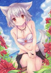 Rule 34 | 1girl, alternate costume, animal ears, bare shoulders, bench, bikini, blush, breasts, cleavage, cloud, cloudy sky, day, dutch angle, eyebrows, graphite (medium), highres, inubashiri momiji, jewelry, kittona, looking at viewer, millipen (medium), navel, necklace, outdoors, red eyes, sarong, short hair, sitting, sky, solo, stomach, sweat, swimsuit, tail, thighs, touhou, traditional media, watercolor pencil (medium), white bikini, white hair, wolf ears, wolf tail