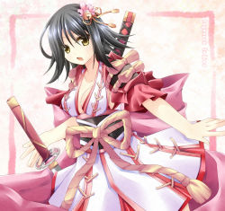 Rule 34 | 1girl, bell, black hair, black sash, bow, breasts, cleavage, commentary, copyright name, cowboy shot, flower, hair bell, hair flower, hair ornament, japanese clothes, jingle bell, katana, kimono, large bow, looking at viewer, medium breasts, obi, oboro (ragnarok online), open mouth, pink bow, pink flower, ragnarok online, rope, sash, short hair, short sleeves, solo, sword, tamak rui, weapon, white kimono, yellow eyes