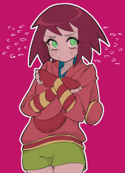 Rule 34 | 1girl, absurdres, blush, buzzlyears, cowboy shot, fingerless gloves, gloves, green eyes, green shorts, highres, hood, hood down, hoodie, looking to the side, mega man (series), mega man star force, nervous sweating, pink background, pink hoodie, red gloves, red hair, shorts, solo, sonia strumm (mega man), sweat, tears, yellow gloves