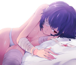 Rule 34 | 1girl, ayanami rei, bandage over one eye, bandages, bed, blood, blue hair, breasts, cleavage, expressionless, kasai shin, lying, neon genesis evangelion, on side, panties, panties only, pillow, red eyes, short hair, solo, topless, underwear, underwear only, white panties