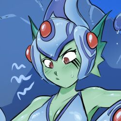Rule 34 | 1girl, blue one-piece swimsuit, breasts, clothing cutout, digimon, digimon (creature), fins, frog girl, helmet, monster girl, one-piece swimsuit, ranamon, shiny skin, swimsuit, thekinkyquest, upper body