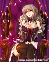Rule 34 | 1girl, black thighhighs, breasts, candle, candlestand, candlestand, chair, cleavage, crossed legs, detached sleeves, earrings, jewelry, lace, lace-trimmed legwear, lace trim, large breasts, lips, long hair, looking at viewer, official art, original, red eyes, seikon no arcana, silver hair, sitting, smile, solo, thighhighs, yangsion
