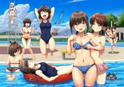 Rule 34 | 6+girls, :d, arm up, armpits, arms up, ass, ayanami (kancolle), back, bare arms, bare legs, bare shoulders, barefoot, bikini, unworn bikini top, black hair, blue bikini, blush, braid, breasts, brown eyes, brown hair, cleavage, closed eyes, closed mouth, cloud, collarbone, covered navel, day, embarrassed, enemy lifebuoy (kancolle), enemy naval mine (kancolle), flying sweatdrops, from behind, fubuki (kancolle), green eyes, hair between eyes, hair ornament, hamakaze (kancolle), hatsuyuki (kancolle), headgear, highres, holding, ichikawa feesu, implied sex, isonami (kancolle), kantai collection, lifeguard, lifeguard chair, long hair, looking at another, looking at viewer, looking back, lying, medium breasts, miyuki (kancolle), multiple girls, murakumo (kancolle), navel, nipples, nose blush, one-piece swimsuit, open mouth, outdoors, partially submerged, polka dot, polka dot bikini, polka dot swimsuit, pool, ribbon, school swimsuit, shikinami (kancolle), shirayuki (kancolle), short hair, side-tie bikini bottom, sidelocks, silver hair, single braid, skindentation, sky, small breasts, smile, standing, string bikini, swimsuit, swimsuit under clothes, t-head admiral, tree, twintails, uranami (kancolle), wading, water, wet