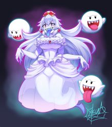 Rule 34 | 1girl, :d, absurdres, artist name, blue eyes, blue tongue, boo (mario), breasts, bright pupils, brooch, cleavage, colored skin, colored tongue, crown, dress, drooling, earrings, elbow gloves, full body, gem, ghost, ghost tail, gloves, hair between eyes, highres, jewelry, kumo (kumo8159), large breasts, long hair, luigi&#039;s mansion, mario (series), multicolored eyes, new super mario bros. u deluxe, nintendo, open mouth, pink eyes, pointy ears, princess king boo, puffy short sleeves, puffy sleeves, saliva, see-through, sharp teeth, short sleeves, smile, super crown, teeth, thigh gap, very long hair, white dress, white gloves, white hair, white skin
