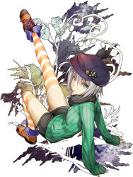 Rule 34 | 1girl, ankle boots, aqua eyes, arm support, boots, cabbie hat, cross-laced footwear, fur collar, fur trim, hat, komecchi, lapel pin, leg up, looking at viewer, looking back, original, patterned legwear, plant, ribbed sweater, shoes, short hair, shorts, silver hair, sitting, sleeves past wrists, solo, striped clothes, striped thighhighs, sweater, thighhighs, two-tone stripes
