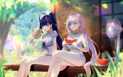 Rule 34 | 2girls, absurdres, ahoge, bare arms, bare shoulders, blue eyes, blue hair, blue shorts, blurry, blurry background, blurry foreground, braid, breasts, cleavage, collarbone, commentary, crossed legs, day, depth of field, electric fan, elysia (honkai impact), english commentary, feet out of frame, food, front-tie top, fruit, high ponytail, highres, holding, holding food, honkai (series), honkai impact 3rd, horns, long hair, medium breasts, meuwzza (me zwa), multiple girls, official art, outdoors, pink hair, ponytail, purple eyes, raiden mei, second-party source, shirt, shorts, tied shirt, tree, veranda, very long hair, watermelon, watermelon slice, white shorts