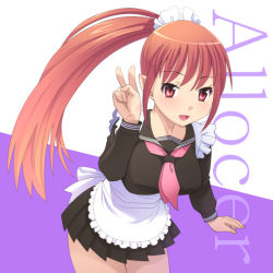 Rule 34 | 1girl, brown hair, long hair, maid, meow (nekodenki), pointy ears, ponytail, red eyes, school uniform, serafuku, solo