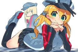 Rule 34 | &gt;:), 2girls, bismarck (kancolle), black legwear, black skirt, blonde hair, green eyes, hat, itsumo nokoru, kantai collection, long hair, long sleeves, low twintails, lying, military, military uniform, multiple girls, on stomach, own hands together, peaked cap, pleated skirt, prinz eugen (kancolle), simple background, skirt, smile, the pose, thighhighs, twintails, uniform, v-shaped eyebrows, white background