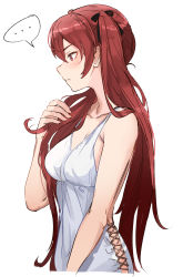 Rule 34 | 1girl, alternate costume, blush, breasts, dress, fire emblem, fire emblem awakening, fire emblem fates, from side, hand in own hair, highres, jehraldc, long hair, nintendo, red eyes, red hair, selena (fire emblem fates), severa (fire emblem), simple background, solo, twintails, white background, white dress