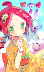 Rule 34 | 1girl, ahoge, ana (rznuscrf), andou ringo, blush, bracelet, bubble, closed mouth, floral print, forehead, green eyes, hair ornament, hairclip, hand up, japanese clothes, jewelry, kimono, long sleeves, looking at viewer, low twintails, obi, parted bangs, print kimono, puyopuyo, red hair, ringlets, sash, smile, solo, twintails, wide sleeves, wind chime, yellow kimono