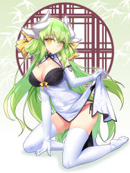 Rule 34 | 1girl, bad id, bad pixiv id, black ribbon, bow, breasts, c.c., china dress, chinese clothes, cleavage, cleavage cutout, closed mouth, clothes lift, clothing cutout, code geass, dress, dress lift, elbow gloves, fate/grand order, fate (series), floating hair, full body, gloves, green hair, hair between eyes, hair bow, highres, horns, kiyohime (fate), large breasts, lifting own clothes, long hair, looking at viewer, panties, ribbon, rx7649, side-tie panties, sleeveless, sleeveless dress, smile, solo, thighhighs, underwear, very long hair, white dress, white gloves, white thighhighs, yellow bow, yellow eyes