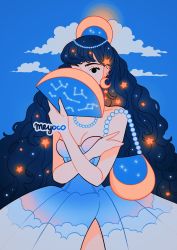 Rule 34 | 1girl, artist name, bag, bare shoulders, black eyes, black hair, blue background, breasts, cleavage, cloud, constellation, covered face, crescent, crescent earrings, dress, ear piercing, earrings, hair ornament, hand fan, highres, holding, holding fan, jewelry, long hair, meyoco, necklace, original, piercing, print dress, shoulder bag, solo, sparkle, star (symbol), star hair ornament, upper body, very long hair